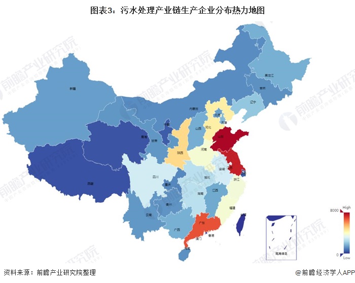 图表3：污水处理产业链生产企业分布热力地图